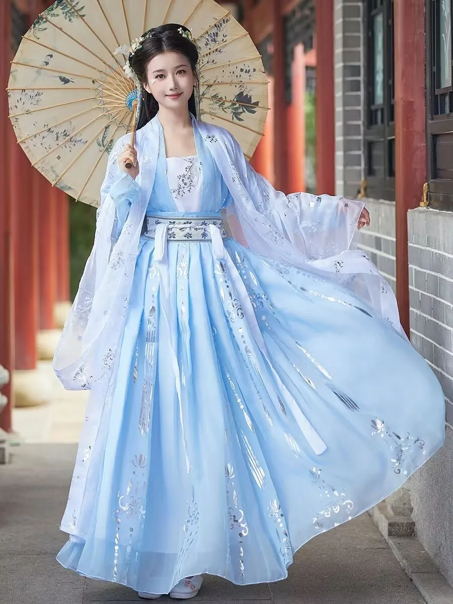 Große Größe 3XL Chinesische Hanfu Kleid Frauen Karneval Fee Cosplay Kostüm Party Kleid Vintage Tang-dynastie Blau Hanfu Plus Größe