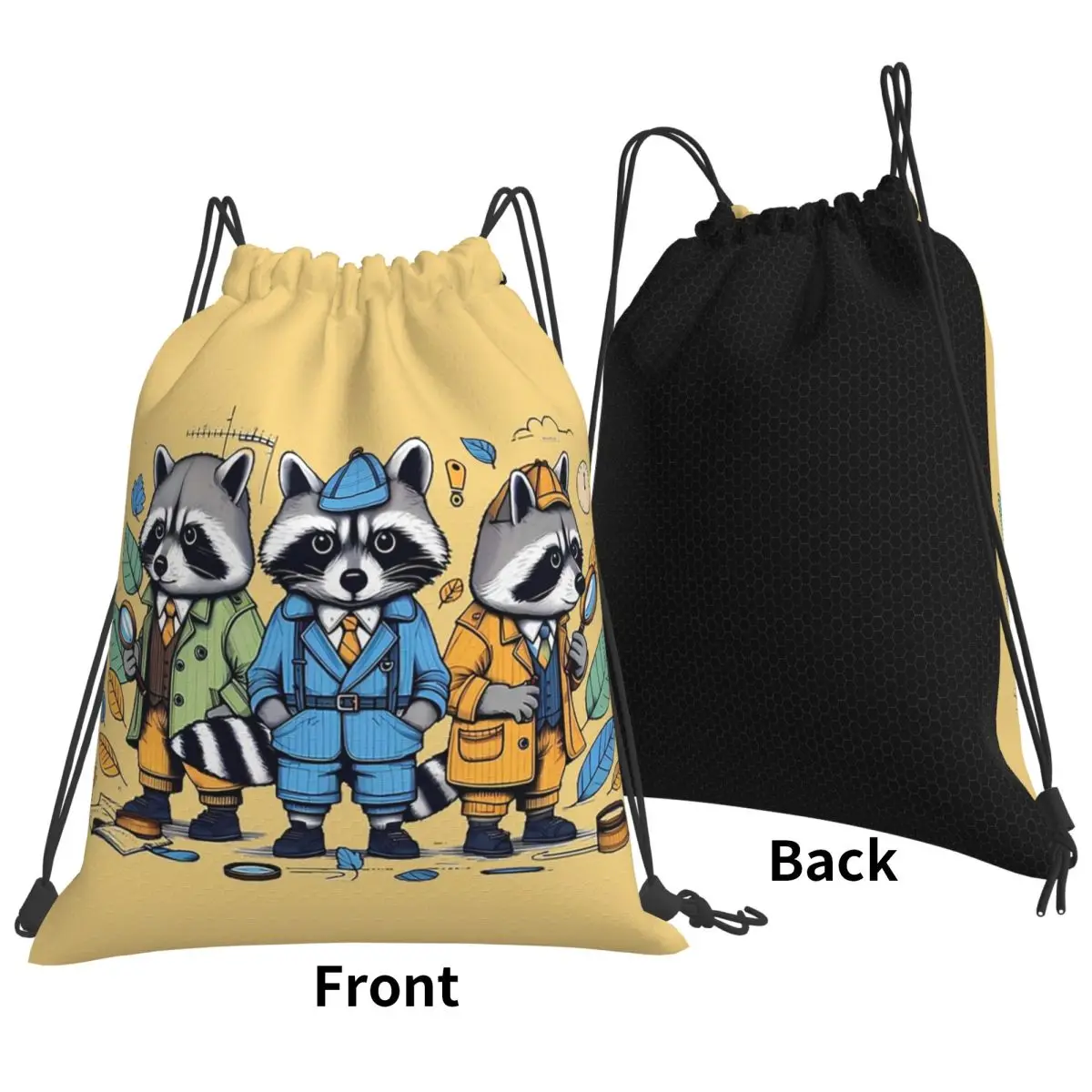 Raccoon Detectives Backpacks Multi-function Drawstring Bags Shoes Bag Book Bags for Man Woman Students