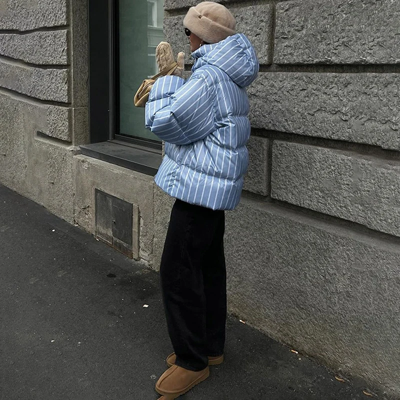 Damska kurtka z kapturem Tornova, ocieplana bawełną, w paski, jesień-zima 2025, do pracy, stójka, zapinana na zamek, ciepły płaszcz, moda damska.