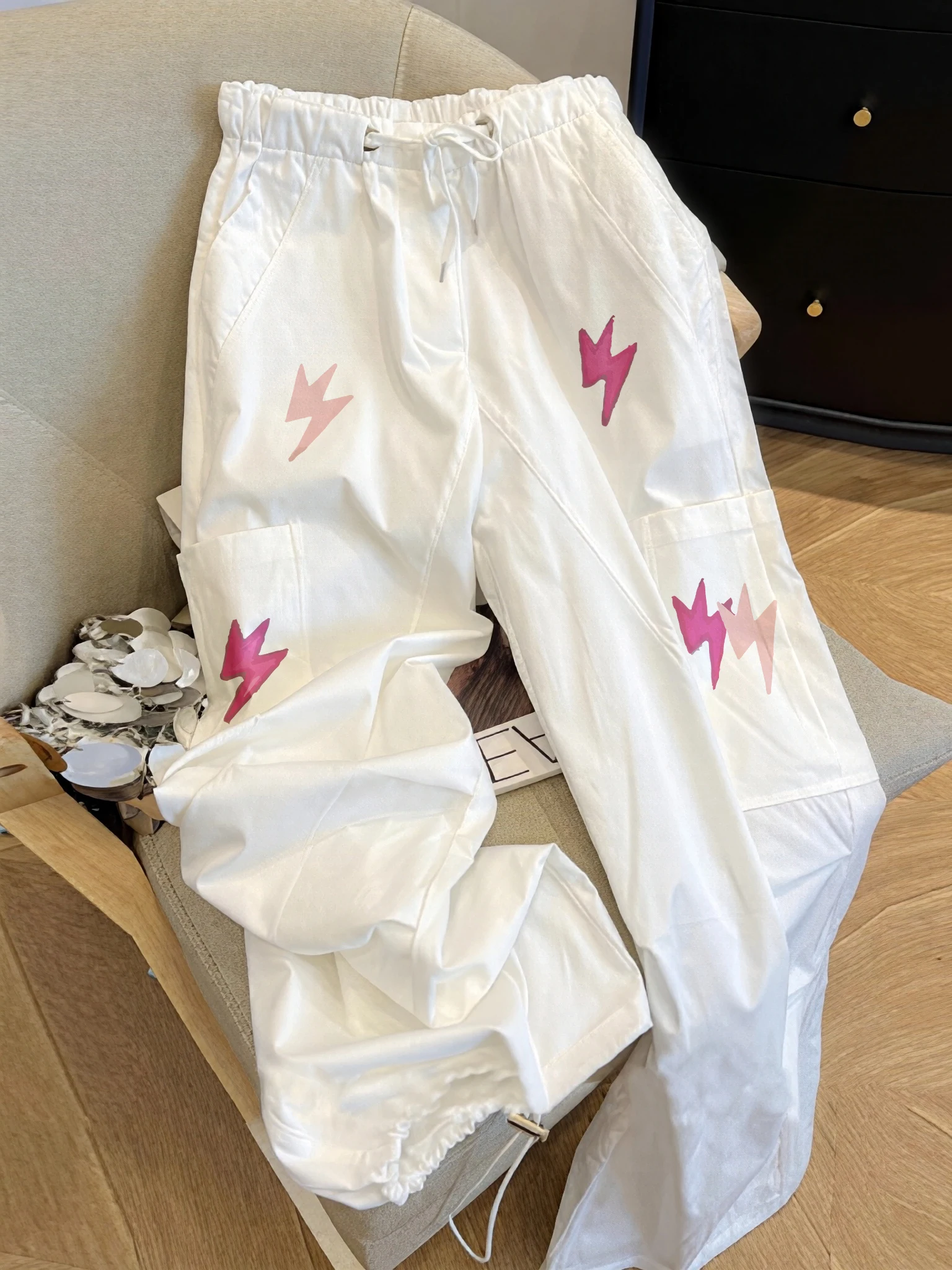 

Casual High Waist Drawstring Loose Slimming Trousers Workwear Pants White Men Women Summer Fashion Korean Style Straight Leg