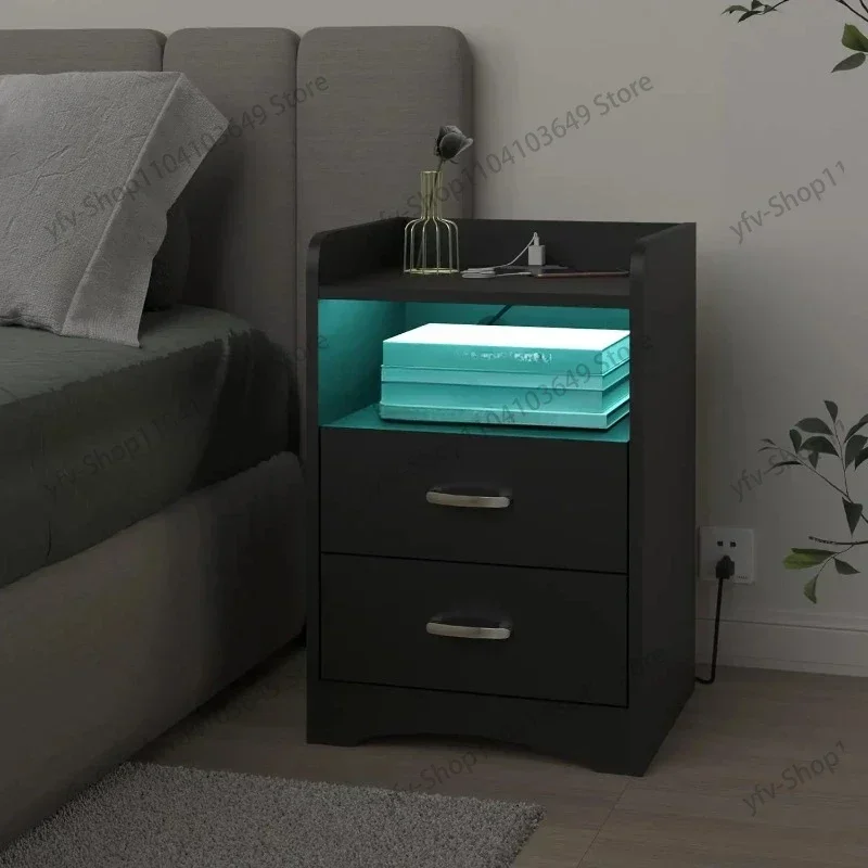 

Nightstand with Charging Station and LED Lights, Modern End Table with 2 Drawers with USB Ports Bedside Tables (Black/White)