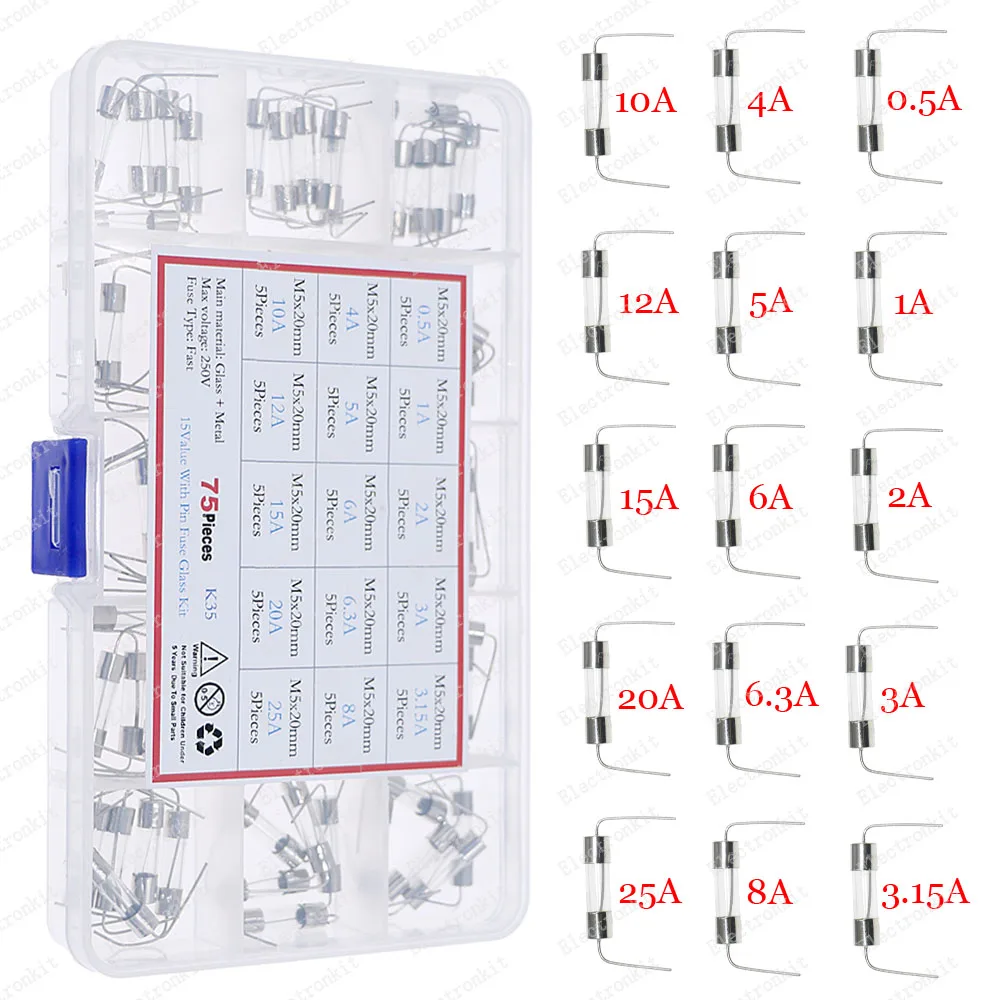 

75pcs 15value 5*20mm 250V Fast Blow With Lead Wire Glass Fuse kit Box 0.5A 1A 2A 3A 3.15A 4A 5A 6A 6.3A 8A 10A 12A 15A 20A 25A