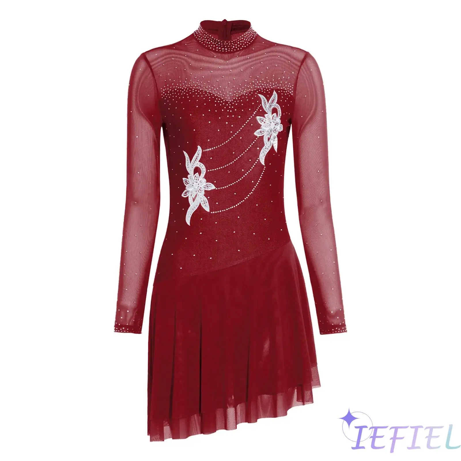

Sequined Applique Latin Dance Dress for Women Long Sleeve Tiered Hem Breathable Mesh Dresses for Cha Cha Tango Gymnastics Dance