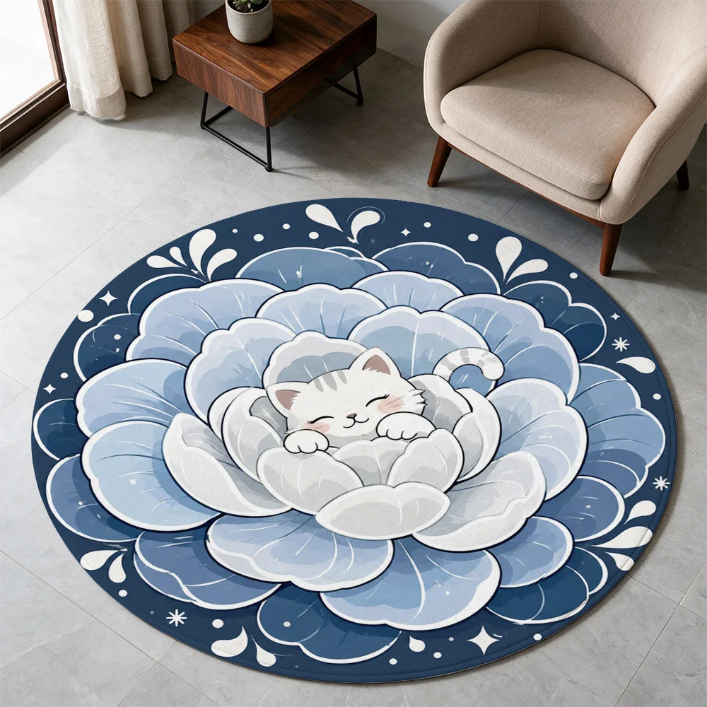 Cute Sleeping Kitten Lotus Flower Round Area Rug Pet Mat for Living Room Nursery Decor