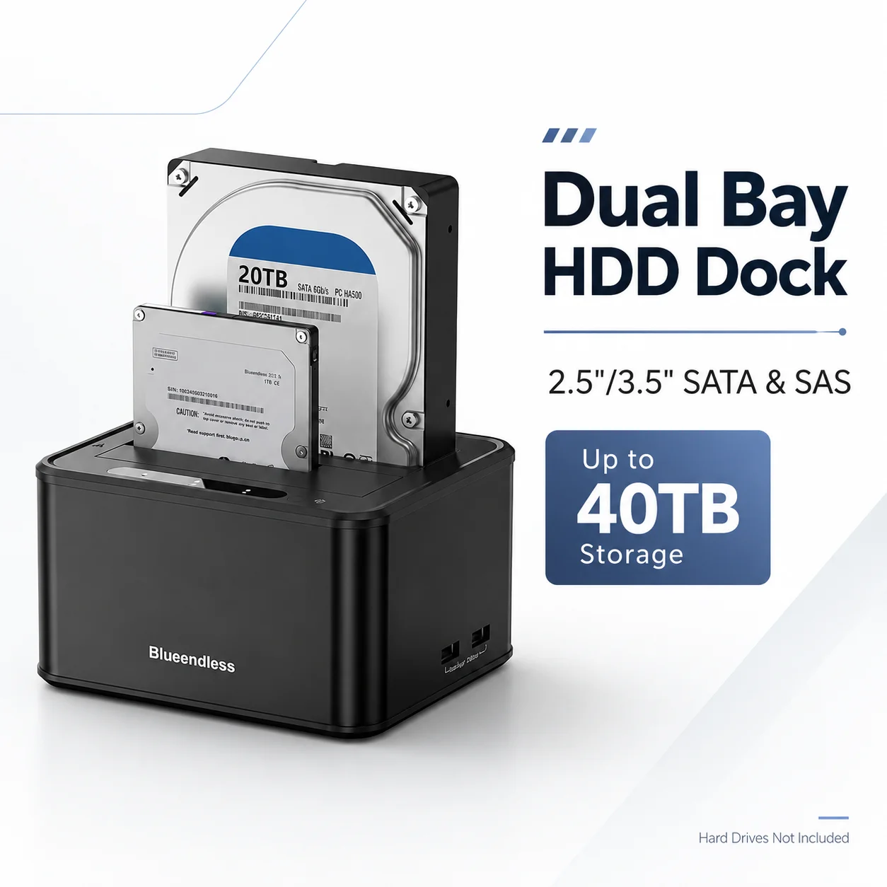 Blueendless Dual Bay Hard Drive Docking Station 2.5 3.5 Inch SATA SAS HDD SSD Dock USB 3.2 5Gbps 40TB External HDD Enclosure