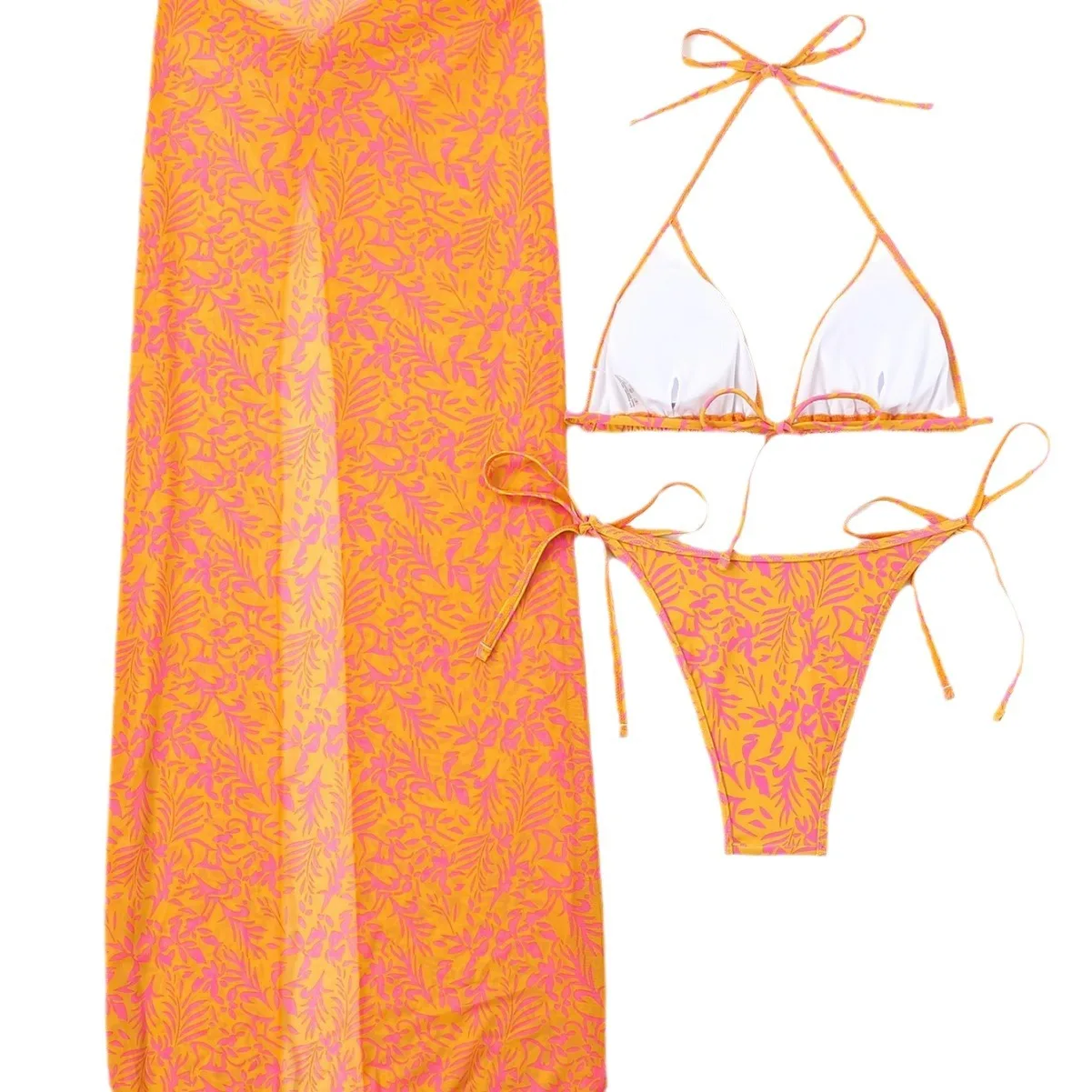 Conjunto de bañador de 3 piezas para mujer, traje de baño con cordón Sexy, conjunto de Bikini con falda de Sarong, ropa de playa, ropa de baño naranja, novedad de 2024