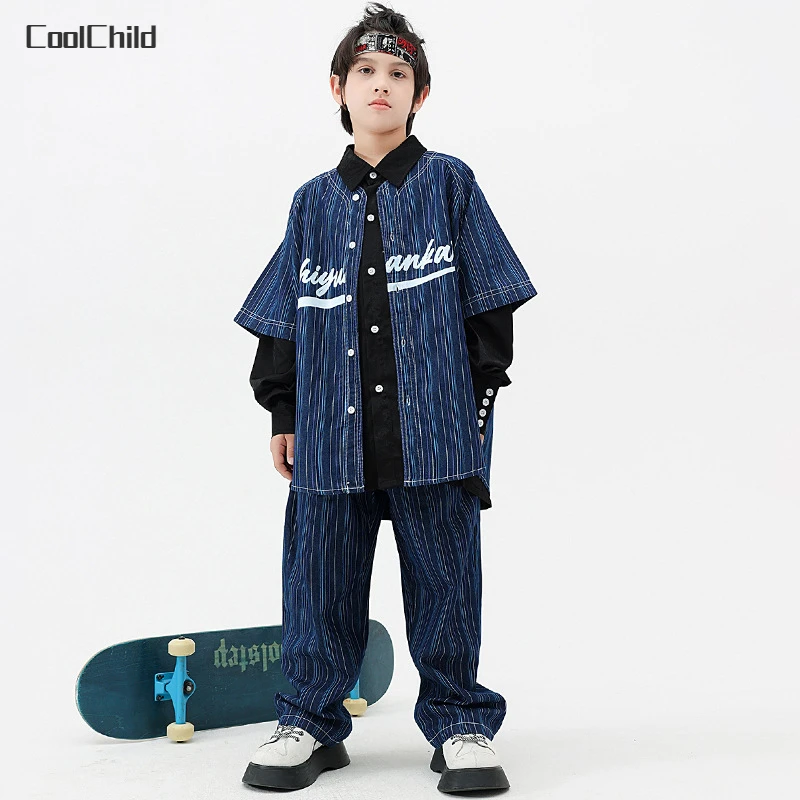 

Girls Hip Hop Striped Jeans Shirt Street Dance Denim Pants Boys Streetwear Jacket Clothes Sets Child Jazz Outfits Kids Costumes