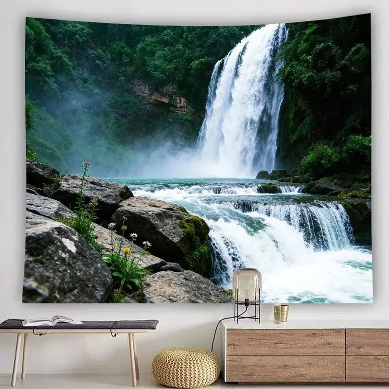 VIKAMA Travel Poster Tapestry, Lush Greenery Waterfall with Big Stones