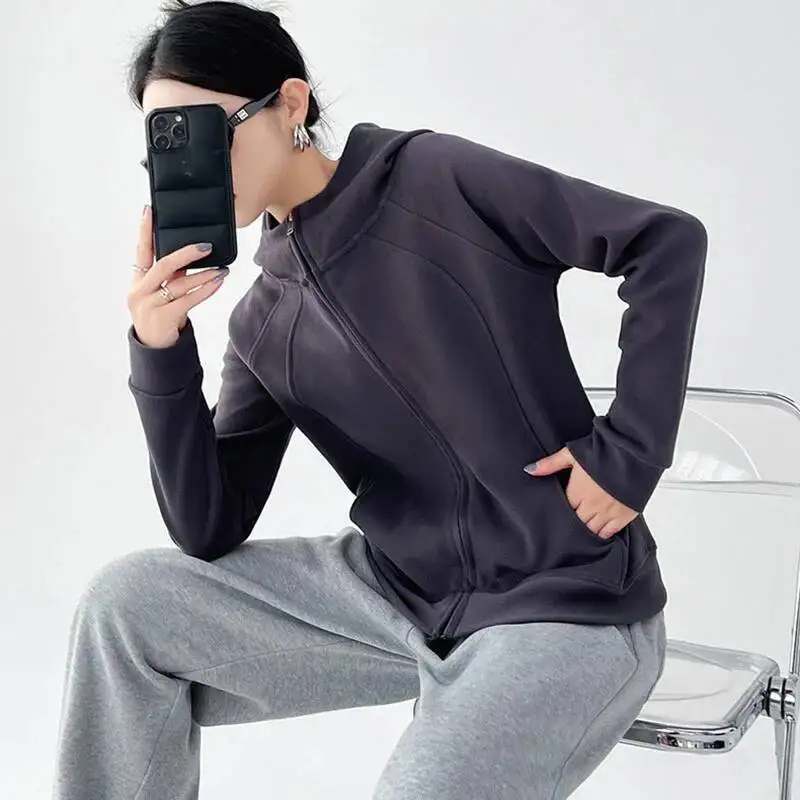 

Корейский стиль, куртка на молнии с капюшоном, женская осенне-зимняя кардиган с длинными рукавами, толстовка, пальто, однотонные дикие повседневные утягивающие толстовки