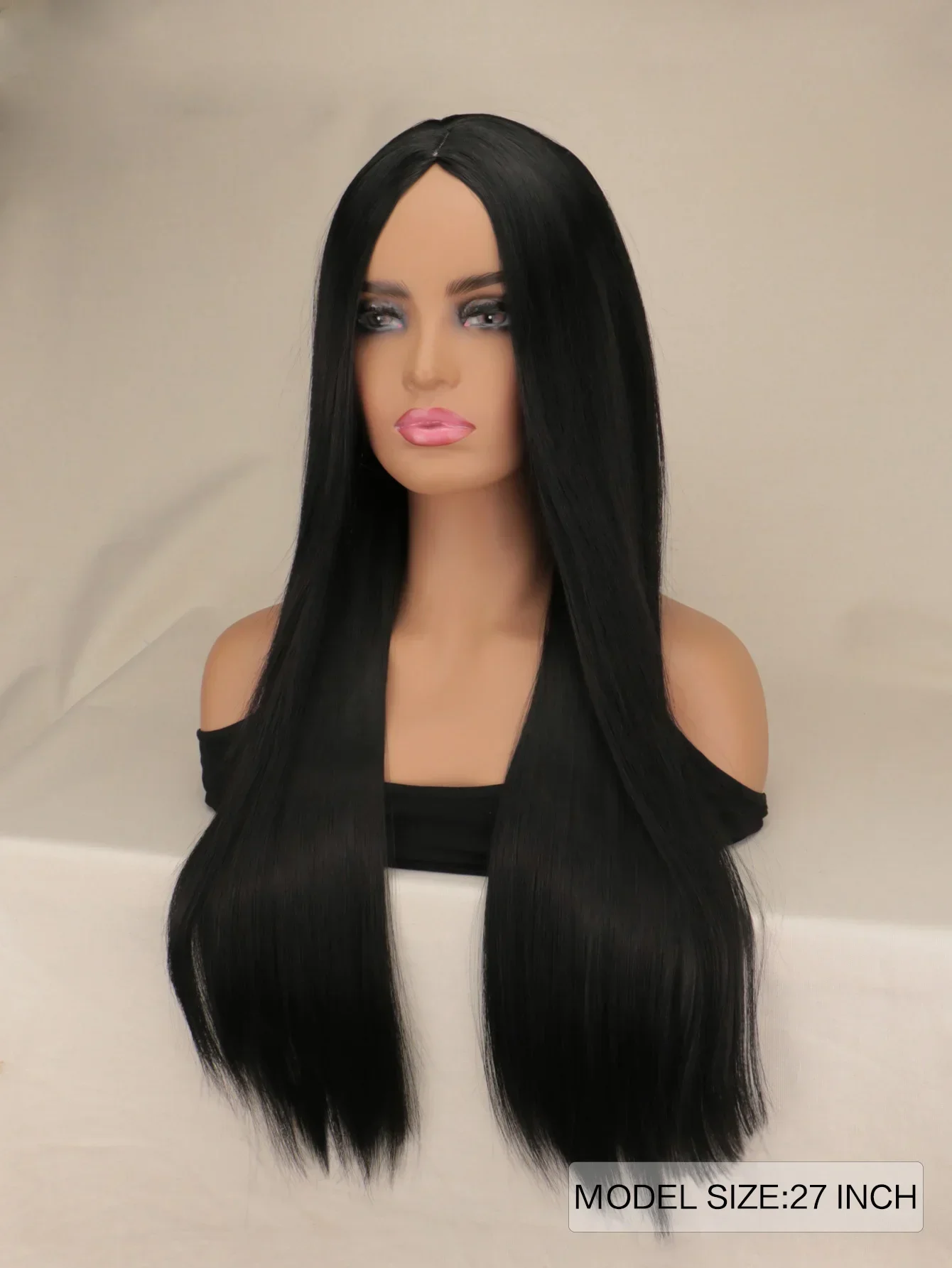 QQXCAIW Long Straight Natural Black Color Wigs Middle Part Heat Resistant Synthetic Daily Party Wig for Women