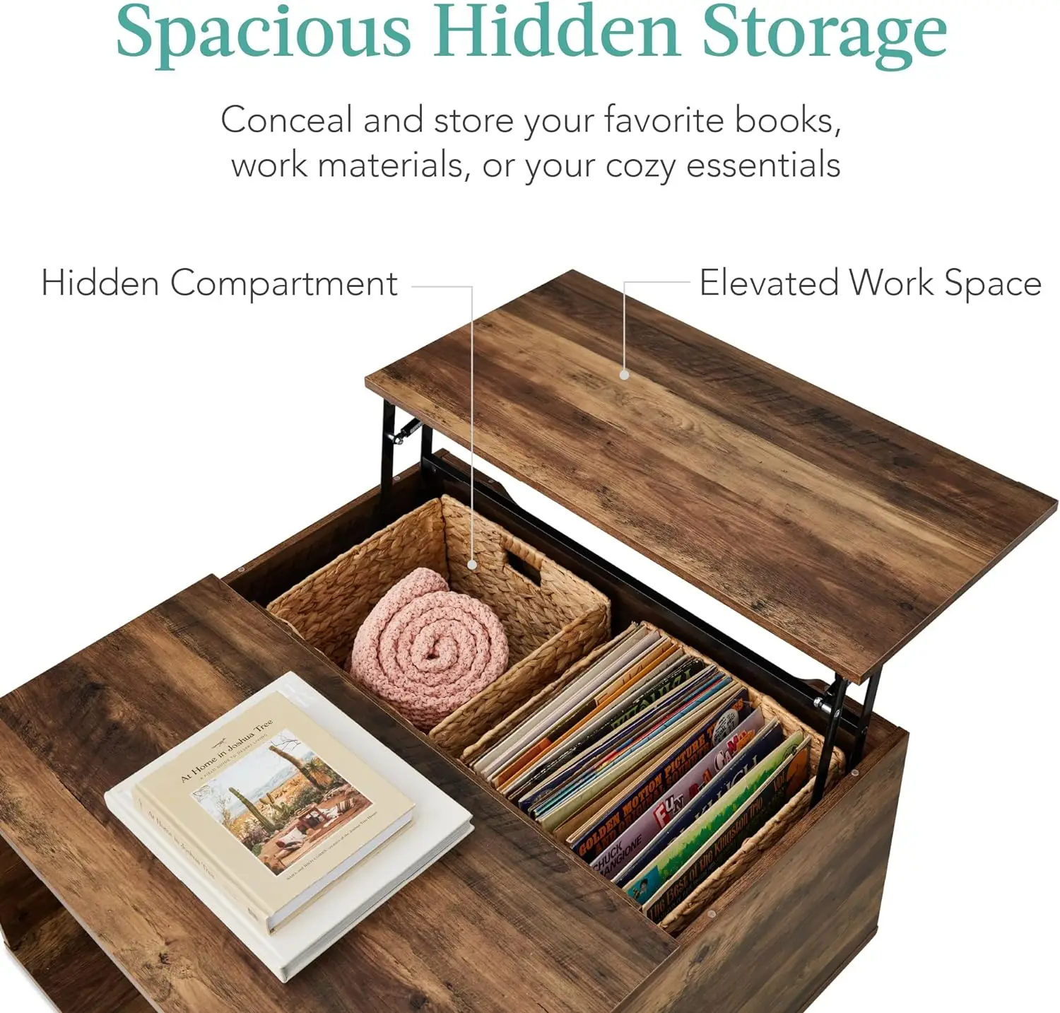 Square Lift Top Coffee Table, Wooden Rustic Modern Multifunctional Accent Table for Living Room w/Hidden Storage