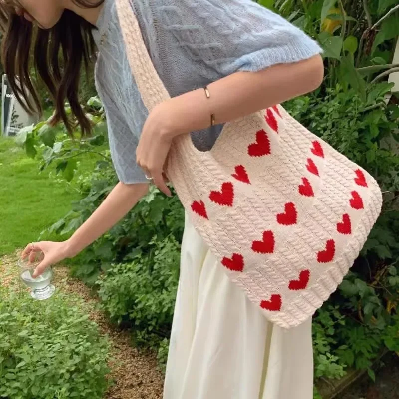 Bolsos de punto con forma de corazón para mujer, bolso de hombro con cuerda de ganchillo, plegable, estilo coreano, Y2K