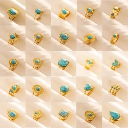 Classic Fashion Baby Blue Stainless Steel Waterproof Jewellery Ring Gold Plated Opening Adjustable Irregular Geometry Rings