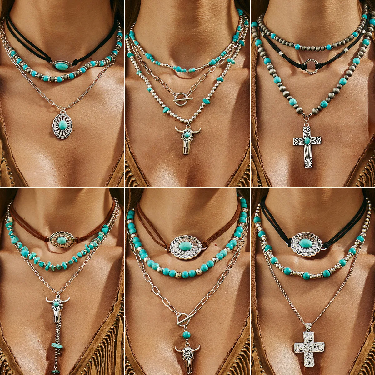 Pendant Necklace Faux Turquoise Cactus Bull Head Cowboy Layered Chain Adjustable Silver Tone Lightweight Sturdy Jewelry