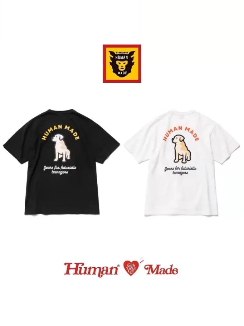 Human Made Style Cartoon Labrador Slub Cotton T-Shirt, Crewneck Tee for Couple Unisex