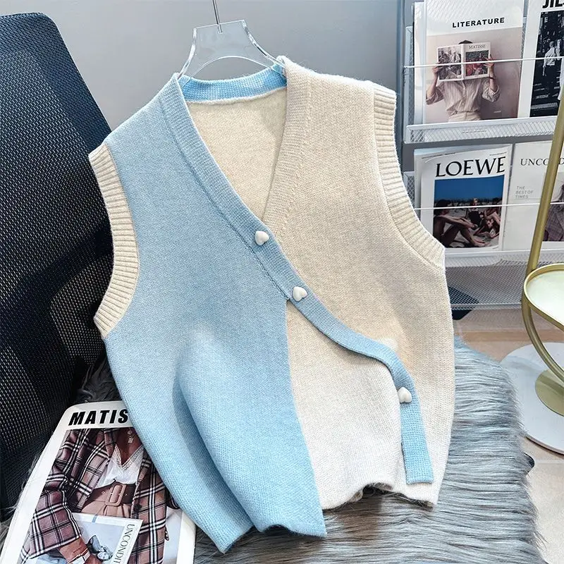 Knitted Women's Clothes Autumn 2024 New Sleeveless Premium Chic Lazy Style Simple Loose Color Matching Sweater Vest Top