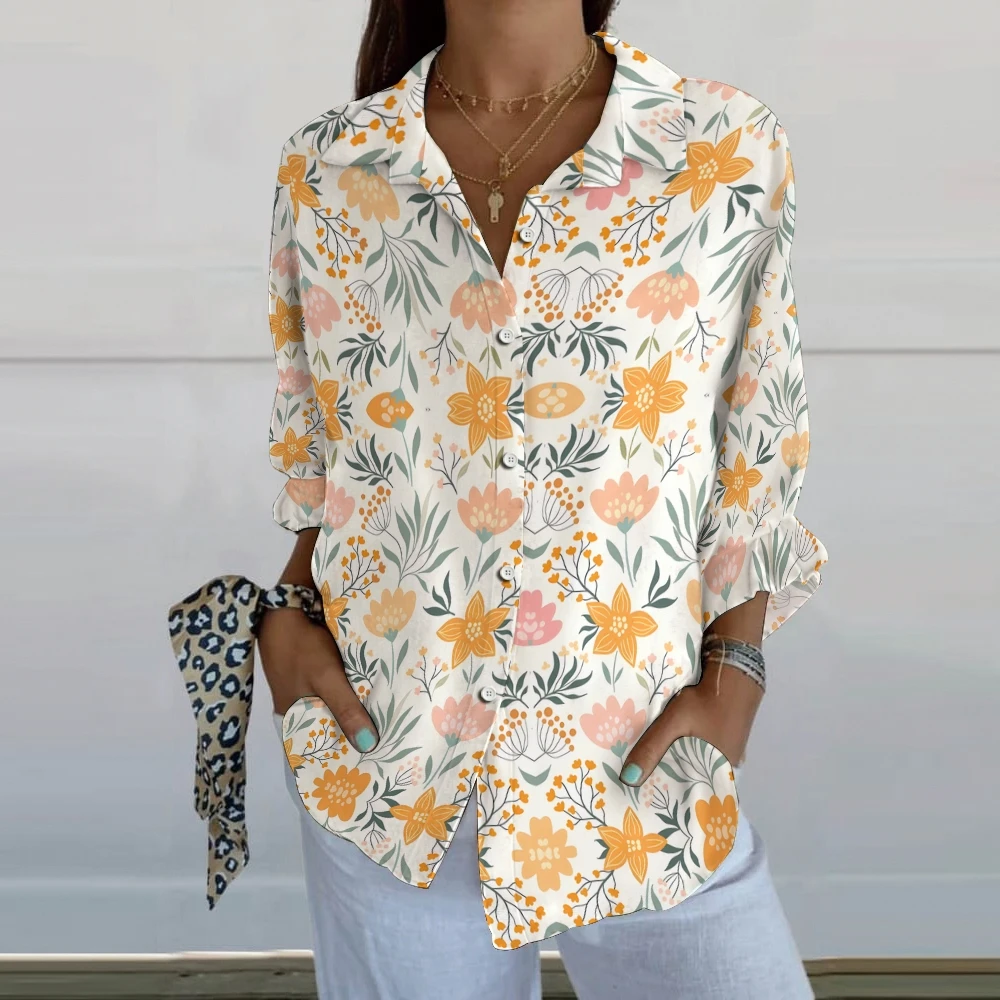 Bright Pattern Printed Women's Lapel Neck Casual Cotton And Linen Long Low V Neck Shirts for Women Sexy Ladies Cotton Blouse