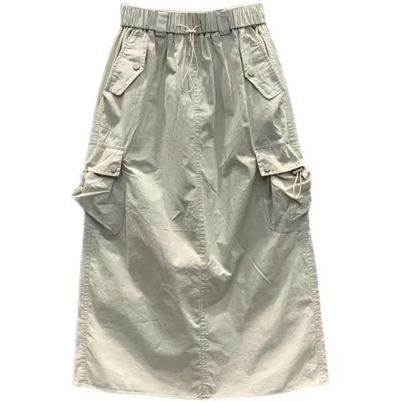 Elastic Waist Drawstring Casual Long Skirt Women Pocket Medium and Long A-word Tooling Cargo Skirt