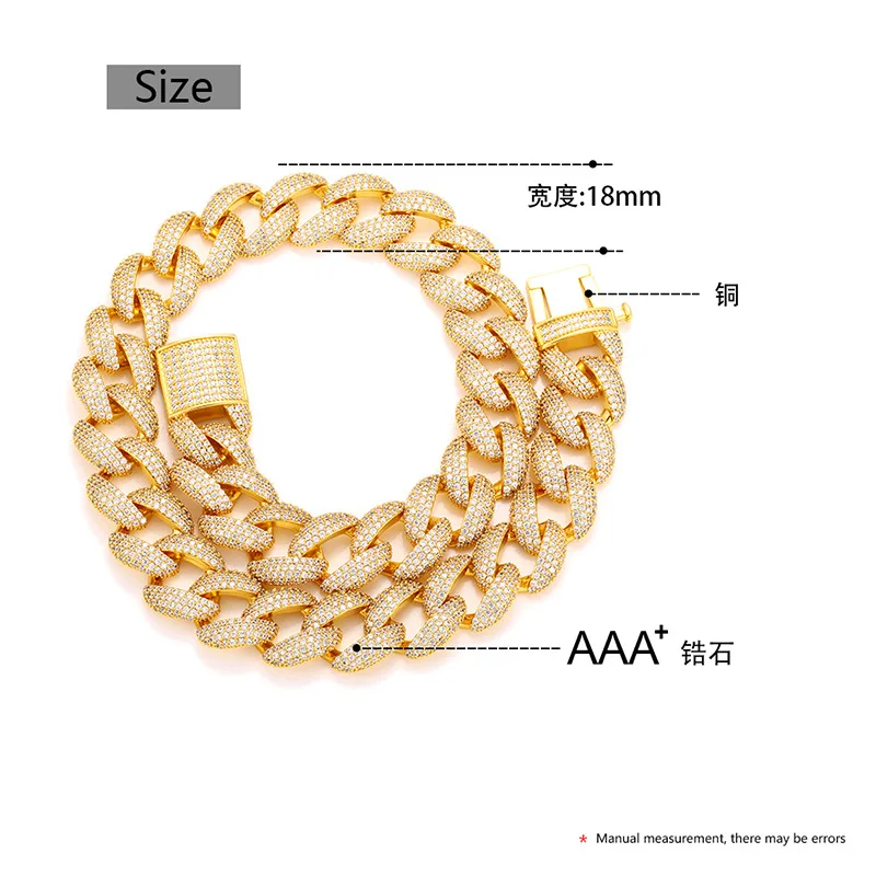 Hip Hop Prong Setting AAA CZ Stone Bling Iced Out 18mm wide Round Cuban Miami Link Chain Choker Necklaces for Men Rapper Jewelry