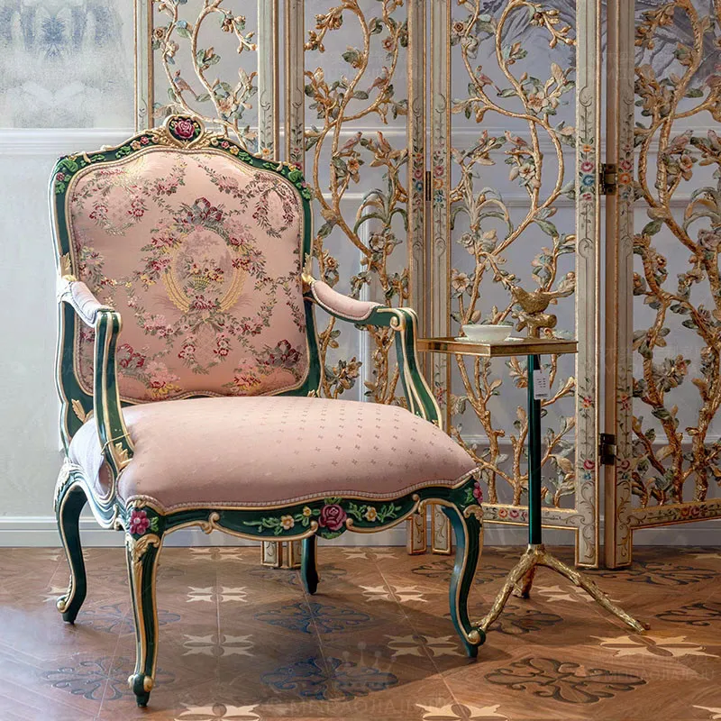 French court solid wood single sofa chair carved retro fabric villa club pink embroidery negotiation armchair
