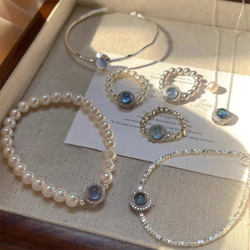 PANJBJ 925 Sterling Silver Blue Crystal Rings For Women Pearl Bead String Design Sweet Elastic Jewelry Gift Dropshipping