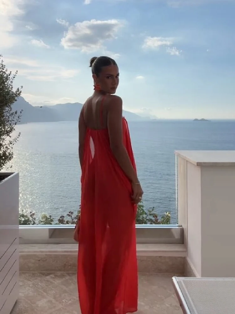 Damen Elegantes Rotes Maxikleid mit Spaghettiträgern, tiefem Schlüsselloch-Ausschnitt vorne, seitlichem Cut-Out und Overlay – Zweiteiliges Sommer-Abendkleid – Detail 10