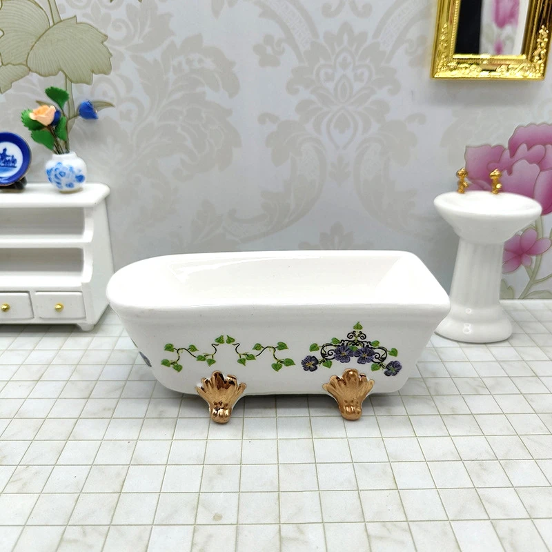 1:12 Dollhouse Miniature Ceramic Bathtub Model Doll Home Bathroom Furniture Decor Toy Dolls House Micro Scene Ornament