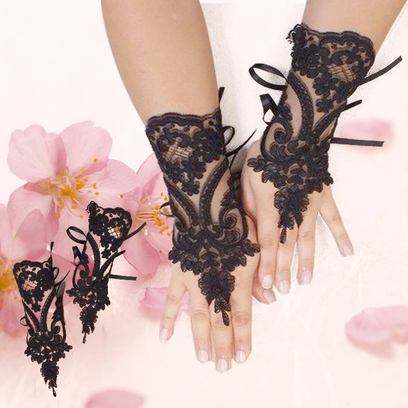 Guantes sin dedos de boda para mujer, guantes de boda de alta calidad con encaje blanco y negro, accesorios para niñas, guantes sexis para fiesta