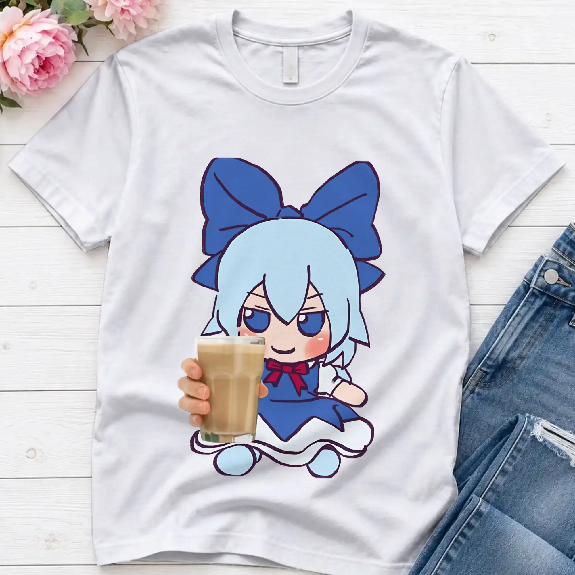I Draw Cirno Fumo Plush Giving You Choccy Milk Because Your Epic Baka   Touhou T Shirt Summer Touhou Project T Shirts Tops