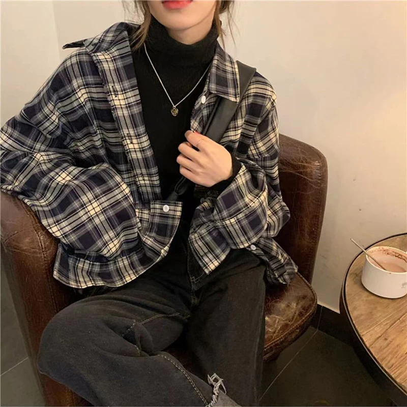 Zoki Women Vintage Plaid Shirt Bf Oversized Korean Loose All Match Long Sleeve Shirts Harajuku Spring Summer Casual Tops 3Xl