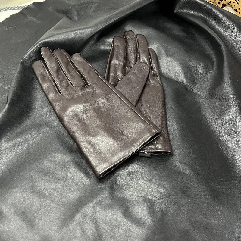 Ladies Sheepskin Gloves Classic Solid Color Real Leather Spring Velvet Lining Cycling Driving Gloves Autumn Winter