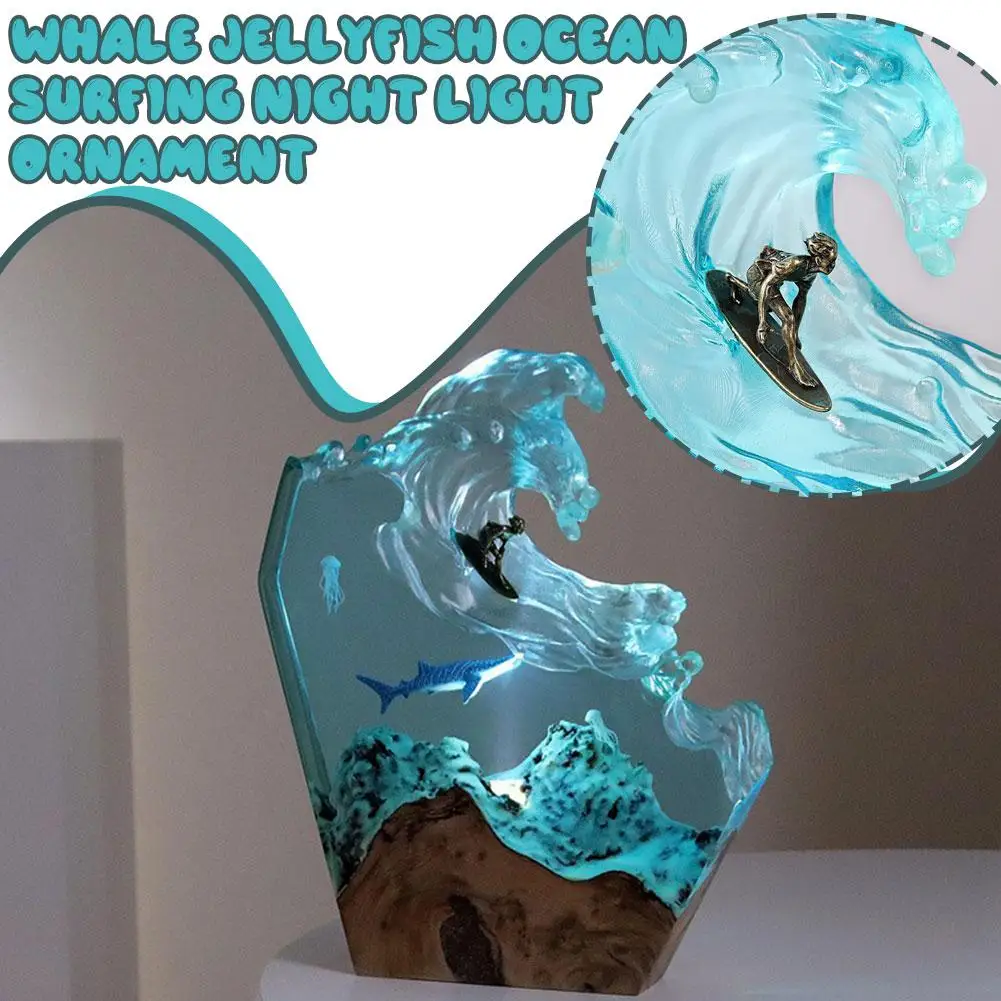 Ocean Whale Surfing Desktop Ornaments Creative Art Light Wood Gift Solid Night Resin Birthday Lamp Holder I2L5