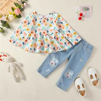 1-4 세 유아 소녀 패션 의류 세트, 긴 소매 꽃 블라우스, 찢어진 구멍 청바지, 용수철 및 가을 올 매치 세트, 2 개