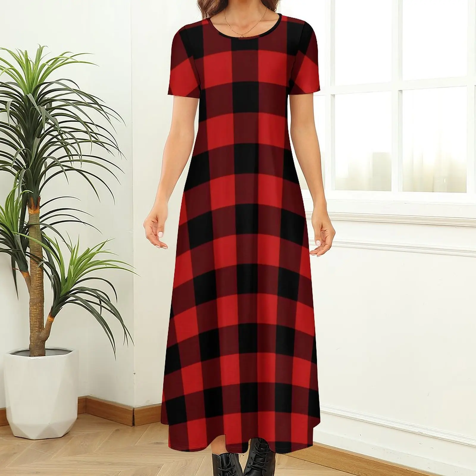 Red And Black Plaid Dress Checkerboard Party Maxi Dress Women Short Sleeve Street Wear Bohemia Long Dresses Big Size 6XL 7XL