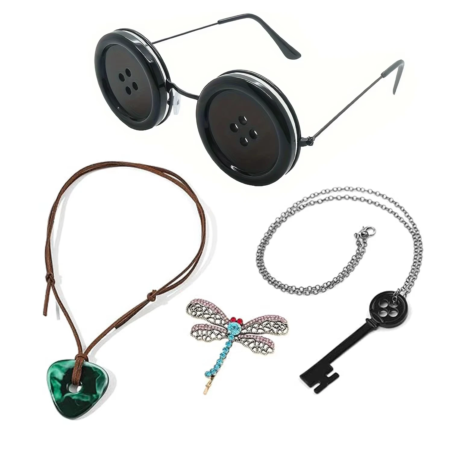 Occhi con bottoni horror Occhiali cosplay Oggetti di scena Occhiali con bottoni Coraline Occhiali da festa Collana Set di forcine Fiaba Festa di Halloween