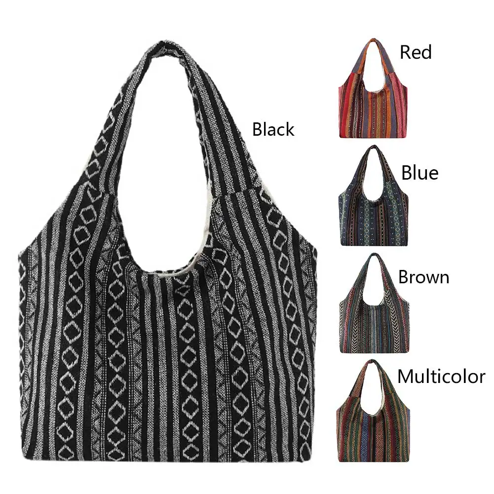 Canvas Striped Trendy Crossbody Bag Ethnic Tote Bag Large Capacity Shoulder Purse Bohemian Hippie Bag for Women and Girls