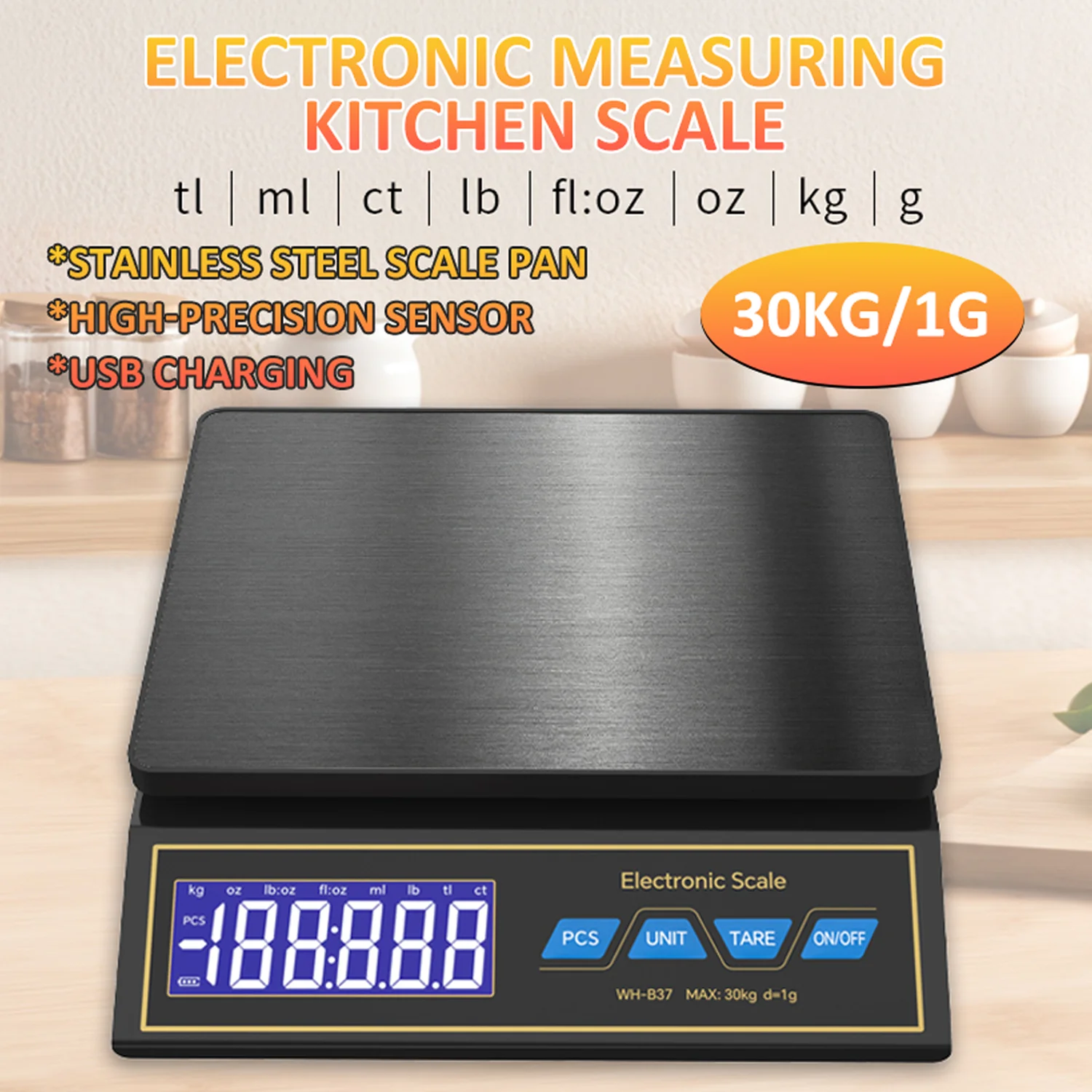

30kg/1g Digital Kitchen Scale Household Electronic Food Scale Rechargeable LCD Display Weighting Balance with Counting Function