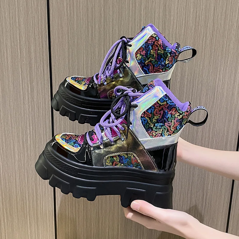 2024 New Fashion Trend Lace-up Combat Women Boots 7cm Chunky Heel Platform Women Boots British Style Thick Height Casual Boots