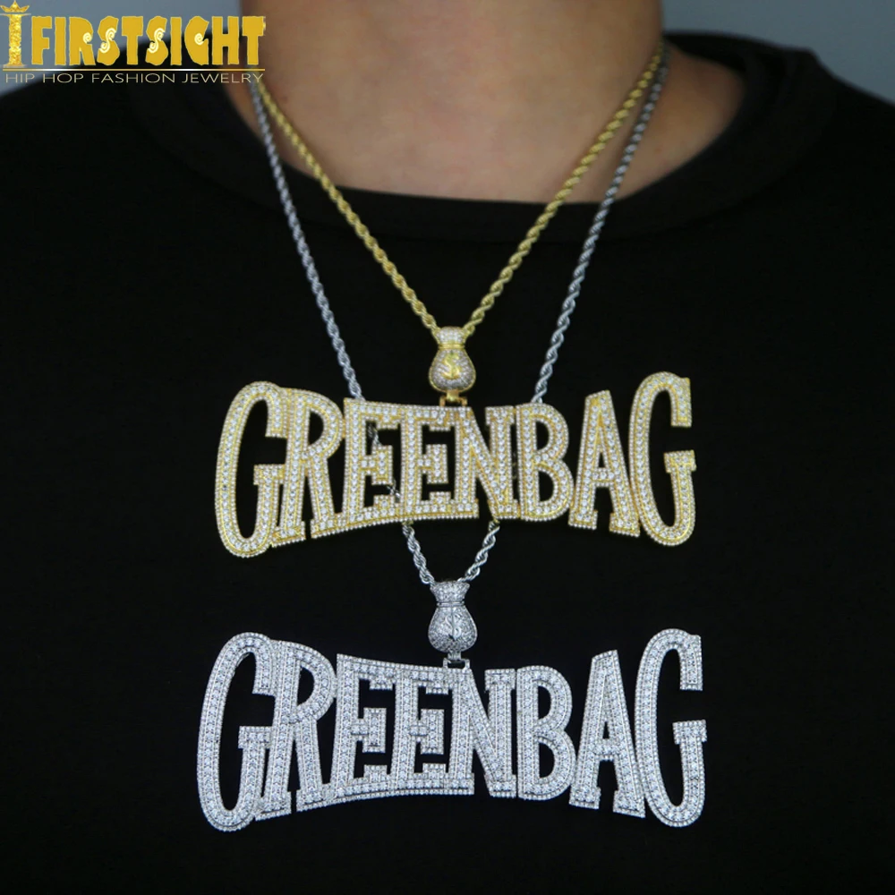 New Iced Out Hustle Necklace for Men Pendant Bling Prong Setting CZ Zircon Big Green Money Bag Charm Hip Hop Jewelry