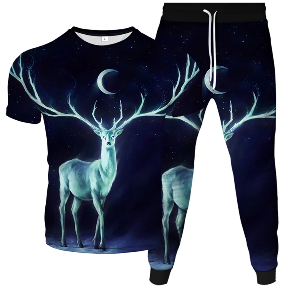 Men Women T-Shirt+Trousers 2pcs Set Animal Sika Deer Moon Sun Galaxy Harajuku Style Tracksuit Male Oversized Clothing Suit 6XL