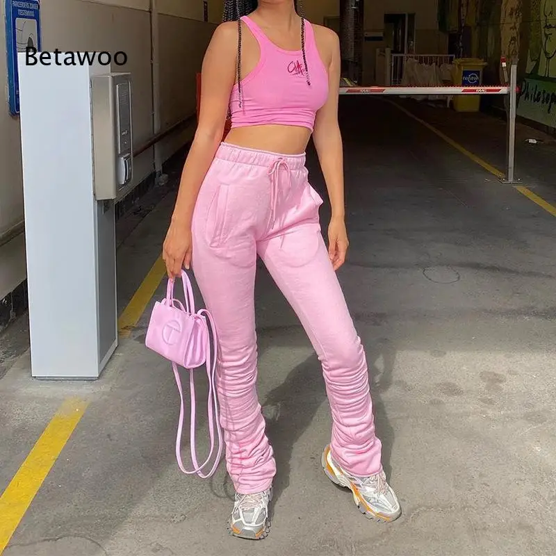 Women High Waist Drawstring Stacked Pants Sleeveless Crop Top Casual Two Piece Outfit Sets