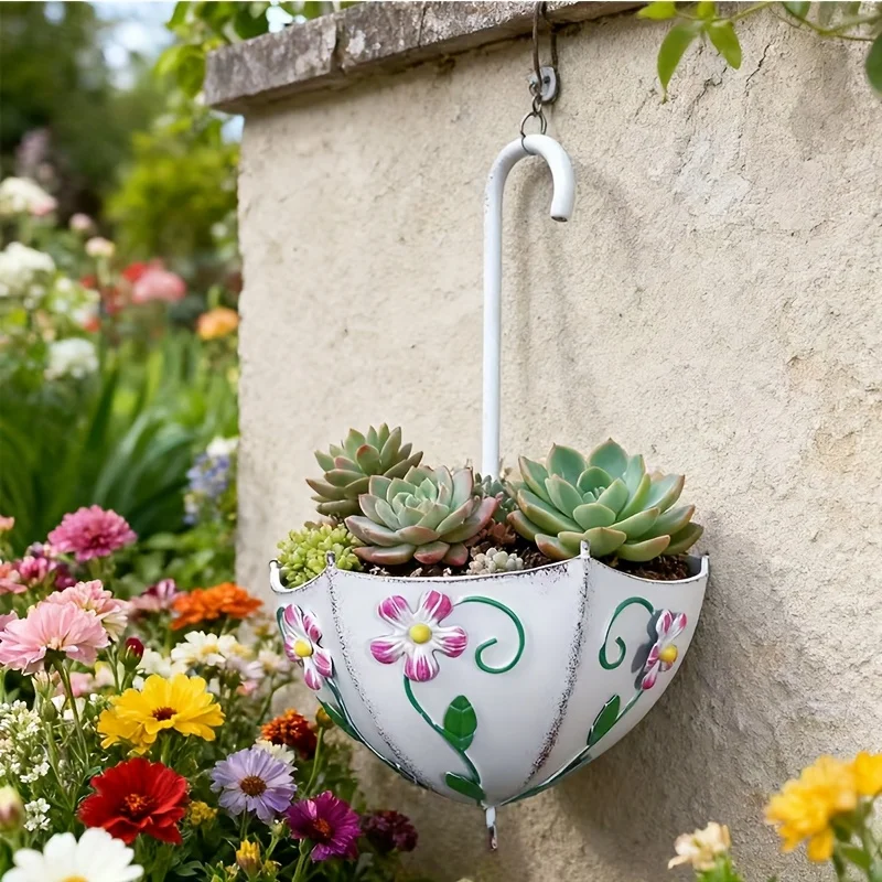 Umbrella Shaped Wall Mounted Iron Planter Decorative Hanging Flower Pot Succulents Indoor Outdoor Garden Home Plant Container