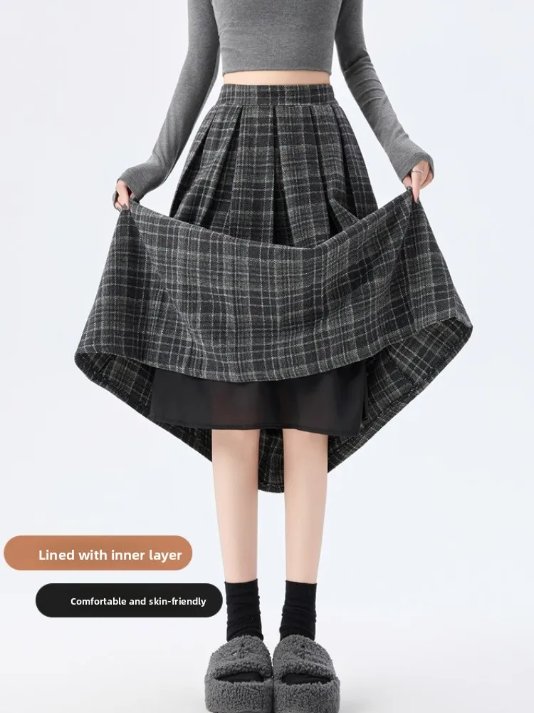 레트로 트위드 하이웨이스트 미디 스커트 여성용 겨울용 예술적 슬레 안티에이징 미디길이 A라인 스커트