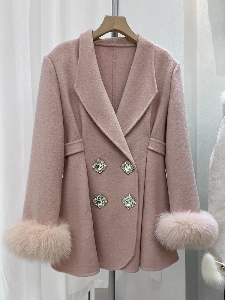 

2024 New Winter Cashmere Wool Suit Jacket Woolen Real Natural Fox Fur Cuff Coat Ladies Outwear Female Coat Women Luxury Jacket