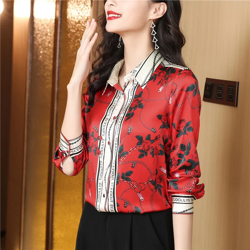 Women Chic Red Printed French Vintage Loose Shirts Lady Elegant Dignified Fashion Long Sleeve Blouse Spring Striped Flower Tops