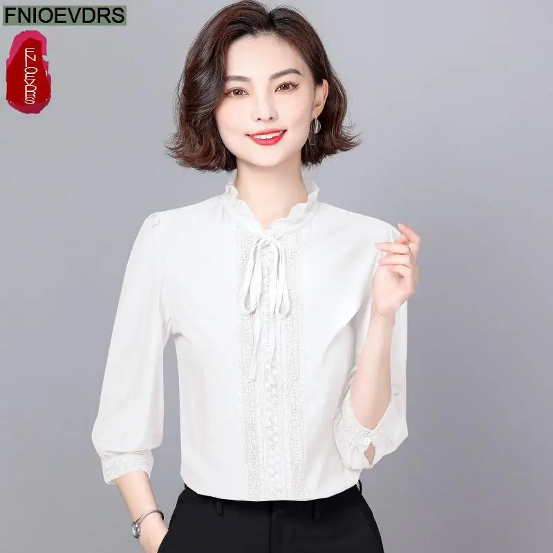 S-3XL 2023 Femmes Français Design À Manches sulfÉlégant Bureau Dame Travail Chemise En Dentelle Casual Mince Violet Noeud aught Rufles Y-Blouses