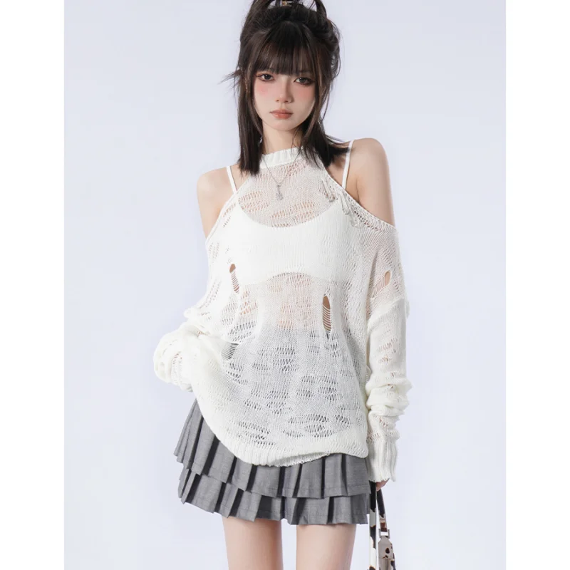 Autumn New Fashion Ripped Pullovers Women Korean Baggy Chic Simple Knitted Sexy Smock Ulzzang Streetwear Vintage Sweaters