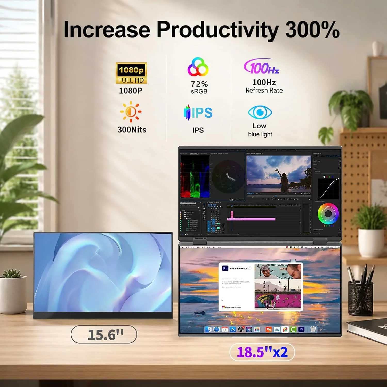 18.5 Inch 100Hz Dual Portable Monitor VESA 1920*1080 FHD IPS 100% sRGBType-C Mini HDMI For Laptop Phone PS4/5 XBox Mac Switch
