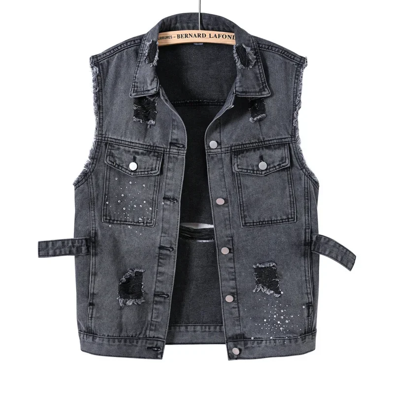 

New 2024 Denim Vest Men Punk Rock Rivet Cowboy Black Jeans Waistcoat Fashion Men Motorcycle Style Sleeveless Jeans Jacket