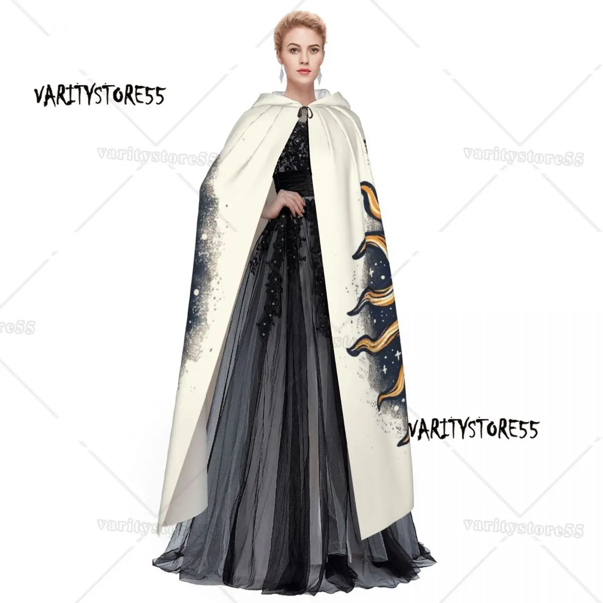 Vintage Sun And Moon Solar Eclipse Long Hooded Cloak Witch Medieval Costume Cosplay Cape HalloweenVampire Adult Unisex